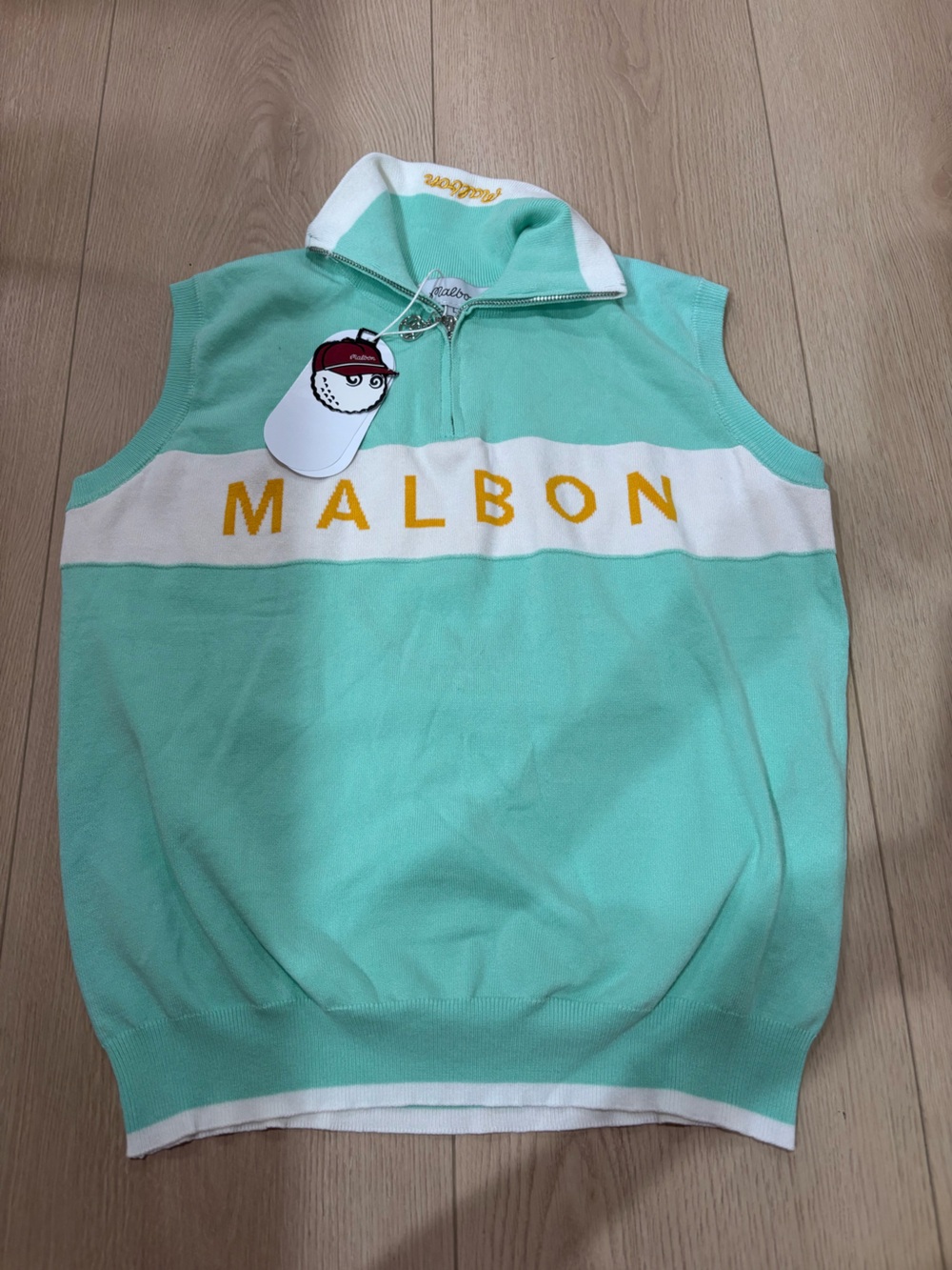 NWT Malbon Sleeveless Mint Golf Sweater Vest with Yellow Lettering